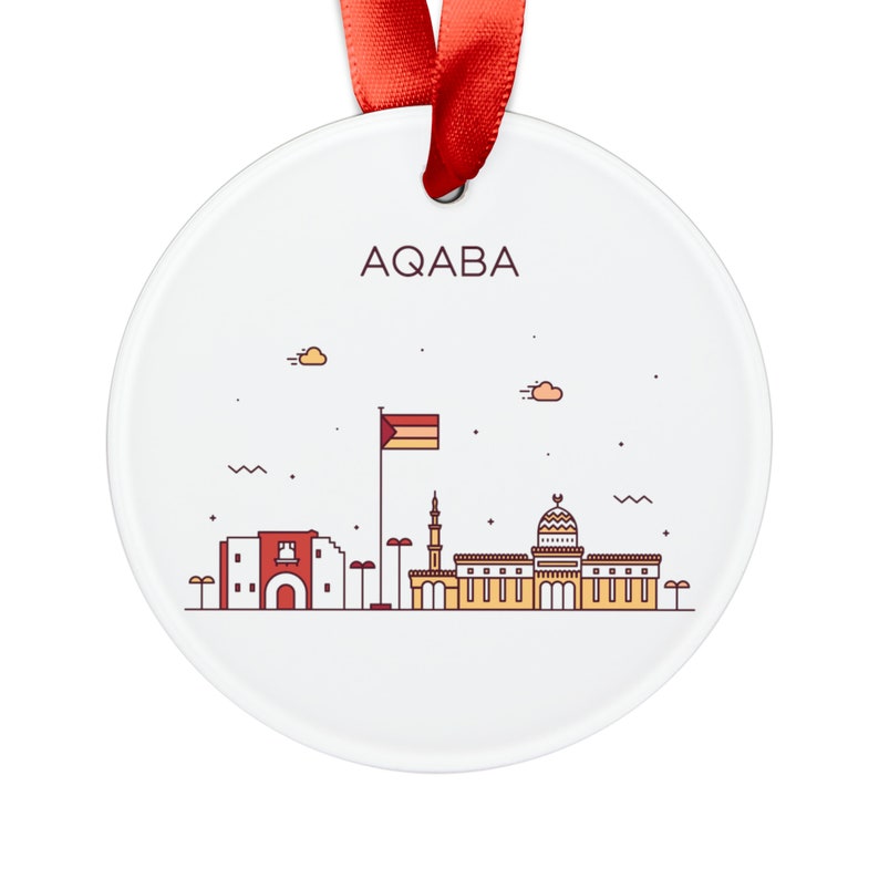 AQABA JORDAN City Skyline, Jordanian Travel Round White Acrylic