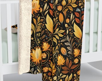 Cozy Sherpa Fleece Blanket Black Gold Floral Folk Art Ethnic Boho Home Decor Throw Blanket 2 SIZES Couch Blanket Holiday Gift