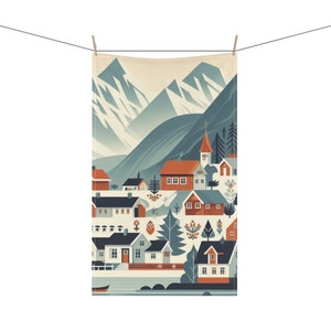 NORWAY VILLAGE Nordic Style Folk Art 18 x 30 Inch Kitchen Tea Towel Cotton Twill Polyester Towel Scandinavian Home Decor Norwegian Gift