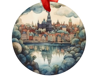 STOCKHOLM SWEDEN City View Skyline, Swedish Travel Round Acrylic Ornament, Personalized Gift, Christmas Tree Ornament, Gift for Swede
