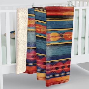 Cozy Sherpa Fleece Blanket, Colorful Grunge Mexican Serape Striped Pattern, Southwestern Home Decor, Sofa Throw Blanket