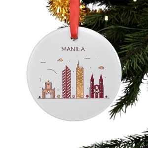 MANILA PHILIPPINES City Skyline, Filipino Travel White Acrylic Ornament, Personalized Gift, Christmas Tree Ornament, Holiday Decoration