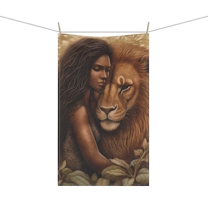 LION African Woman Animal Lover 18 x 30 Inch Kitchen Tea Towel Cotton Twill Polyester Towel Home Decor Housewarming Gift