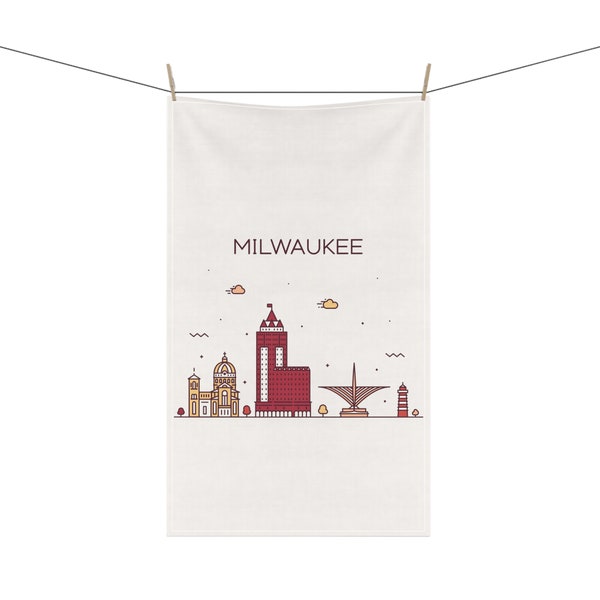 MILWAUKEE WI Skyline Cityscape 18 x 30 Inch Kitchen Tea Towel Cotton Twill Polyester Wisconsin Travel Minimalist Home Decor Gift