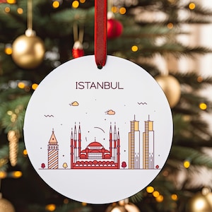 ISTANBUL TURKEY City Skyline Illustration, Turkish Travel Round White Acrylic Ornament, Personalized Christmas Tree Ornament, Holiday Gift
