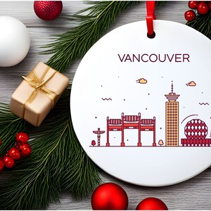 VANCOUVER BC CANADA City Skyline, British Columbia Canadian Travel White Acrylic Ornament, Personalized Gift, Christmas Tree Ornament