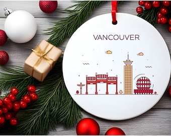 VANCOUVER BC CANADA Stadt Skyline, British Canada Reise-weiße Acrylverzierung, personalisiertes Geschenk, Weihnachtsbaumverzierung