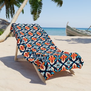 MEXICO Inspired Colorful Mexican Blue Orange Floral Pattern Beach Towel Polyester Cotton Loop Backing Heavyweight Towel TWO SIZES