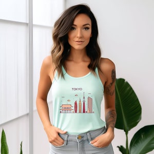 TOKYO JAPAN City Skyline View Women&#39;s Ideal Fitted Racerback Tank Japanese Travel Graphic Minimalist Scoop Neck Tank Activewear