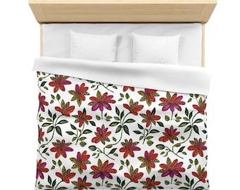 Microfiber Duvet Cover Scandinavian Inspired Floral Folk Art Pattern Red Flowers Nordic Home Decor Twin Queen King Bed Sizes Bedding