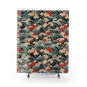 Blue and Red Japanese Floral Wave Pattern Polyester 71 x 74 Inch Shower Curtain Japan Bathroom Decor Bathtub Curtain Asian Home Decor