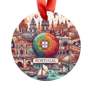 Adorno acrílico redondo con monumentos de Portugal, regalo personalizado, adorno para árbol de Navidad personalizado