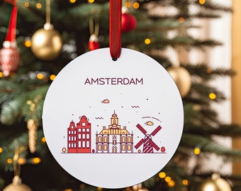 AMSTERDAM NETHERLANDS City Skyline Illustration Holland Dutch Travel White Acrylic Ornament with Red Ribbon Christmas Tree Ornament Holiday