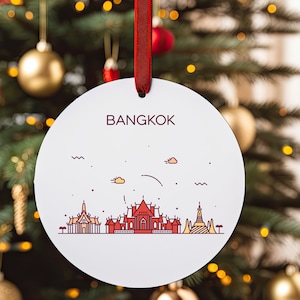 BANGKOK THAILAND City Skyline Illustration, Thai Travel Round White Acrylic Ornament, Personalized Christmas Tree Ornament, Holiday Gift