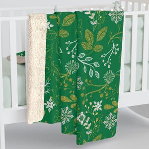 Green Nordic Winter Floral Folk Art Inspired Pattern, Cozy Sherpa Fleece Blanket, Scandinavian Couch Throw, Blanket Gift