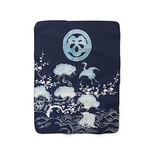 Cozy Sherpa Fleece Blanket Vintage Japanese Crane Wave Pattern Japan Birds Asian Home Decor Couch Blue Throw Blanket 2 SIZES Christmas Gift