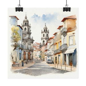 BRAGA PORTUGAL Street City View Textured Watercolor Matte Poster Square Wall Art 4 Sizes Portuguese Travel Art Print Wall Decor