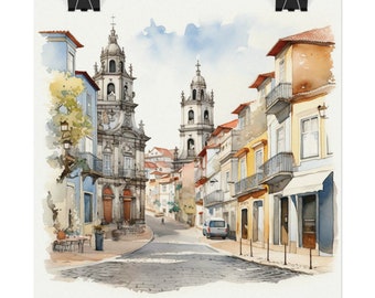 BRAGA PORTUGAL Street City View Textured Watercolor Matte Poster Square Wall Art 4 Sizes Portuguese Travel Art Print Wall Decor