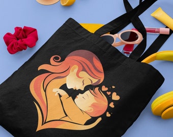 PERSONALIZED Mother's Day Mother Child Graphic Custom Gift 15 x 16 Inch Black Cotton Canvas Tote Bag Shopping Bag Book Bag
