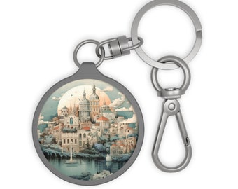 LISBON PORTUGAL City Skyline Portuguese Travel Round Acrylic Metal Keyring Tag Baggage Keychain Backpack Zipper Charm Travel Accessory Gift