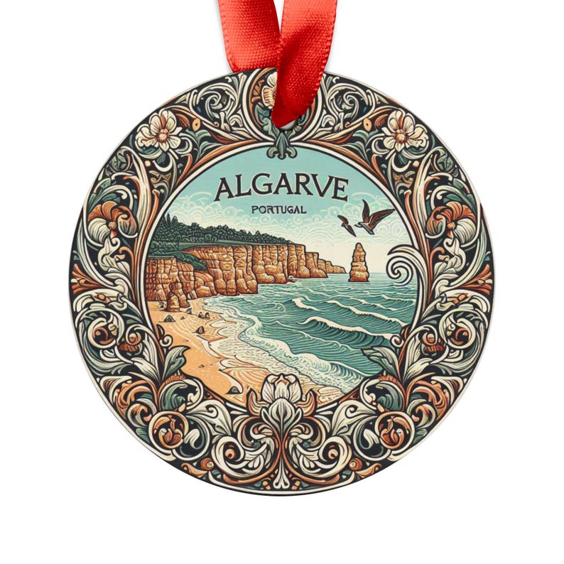 ALGARVE PORTUGAL Coastal Portuguese Landscape Round Acrylic Ornament with Red Ribbon, Art Nouveau Style Christmas Tree Ornament Holiday Gift image 2