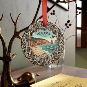 ALGARVE PORTUGAL Coastal Portuguese Landscape Round Acrylic Ornament with Red Ribbon, Art Nouveau Style Christmas Tree Ornament Holiday Gift image 5
