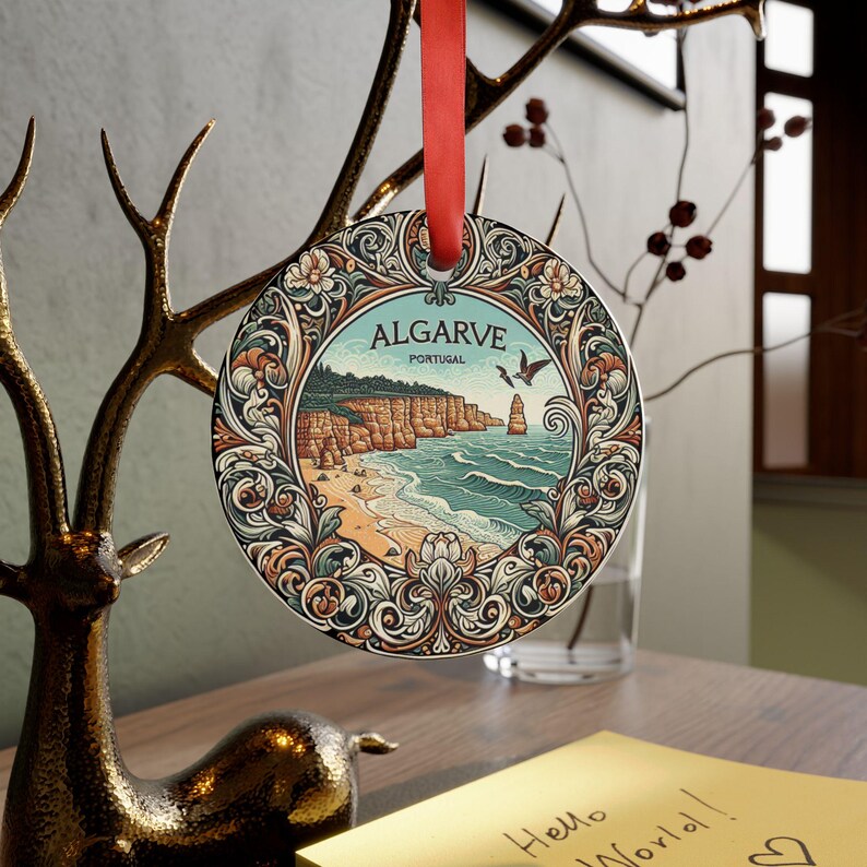 ALGARVE PORTUGAL Coastal Portuguese Landscape Round Acrylic Ornament with Red Ribbon, Art Nouveau Style Christmas Tree Ornament Holiday Gift image 5