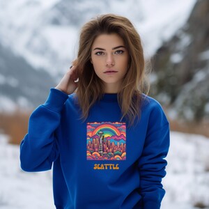 SEATTLE WA Washington Space Needle City View Psychedelic Graphic Unisex Gildan Heavy Blend™ Crewneck Sweatshirt Pullover Eco Friendly