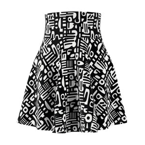 Black and White Tribal Inspired Geometric Pattern Polyester Spandex Women&#39;s Skater Skirt Boho Fashion Clothing