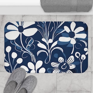 Microfiber Bath Mat Blue White Scandinavian Floral Design Flowers Anti-Slip Backing Bathroom Home Decor TWO SIZES