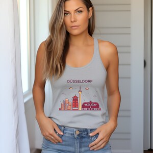 DUSSELDORF GERMANY City Skyline View Women&#39;s Ideal Fitted Racerback Tank German Travel Graphic Minimalist Scoop Neck Tank Activewear