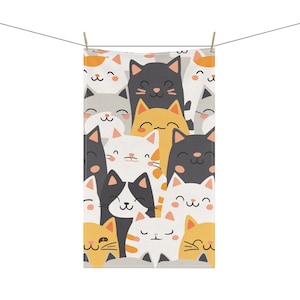 KAWAII CATS Japanese Style Graphic 18 x 30 Inch Kitchen Tea Towel Cotton Twill or Polyester Towel Home Decor Cat Lover Gift