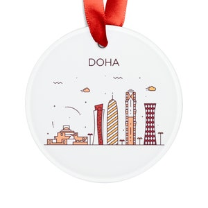 DOHA QATAR City Skyline Illustration, Qatari Travel Round White Acrylic Ornament, Personalized Gift, Christmas Tree Ornament, Holiday Gift