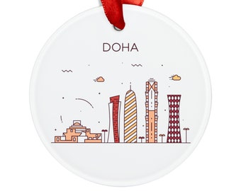 Ilustración del horizonte de la ciudad de Doha, Qatar, adorno acrílico redondo blanco para viajes a Qatar, regalo personalizado, adorno para árbol de Navidad, regalo festivo