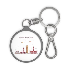 MANCHESTER ENGLAND City Skyline UK Reise Runde Acryl Metall Schlüsselanhänger Tag Gepäck Rucksack Anhänger Schlüsselbund Reißverschluss Charme Reise Accessoire Geschenk