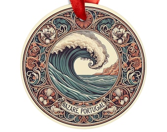 NAZARE PORTUGAL, Coastal Portuguese Big Wave Round Acrylic Ornament, Personalized Art Nouveau Style Christmas Tree Ornament, Holiday Gift