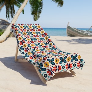 Toalla de playa con estampado floral mexicano colorido inspirado en México, toalla de poliéster y algodón con respaldo de bucle, toalla pesada de DOS TAMAÑOS 36" × 72"