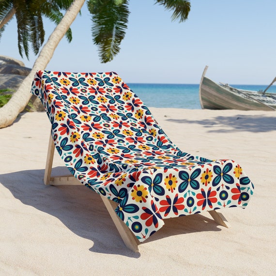 MEXICO Inspired Colorful Mexican Floral Pattern Beach Towel Polyester Cotton Loop Backing Heavyweight Towel TWO SIZES