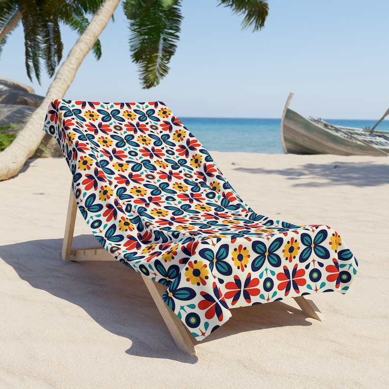 Toalla de playa con estampado floral mexicano colorido inspirado en México, toalla de poliéster y algodón con respaldo de bucle, toalla pesada de DOS TAMAÑOS 36" × 72"
