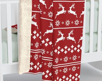 Red and White Scandinavian Reindeer Pattern, Cozy Sherpa Fleece Blanket. Christmas Home Decor, Nordic Winter Sofa Throw Blanket