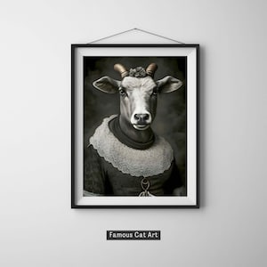 PRINTABLE ART | Majestic Anthropomorphic Cow in Victorian Lace | Dressed Animal Portrait | Gothic Painting | Whimsical Animal Art