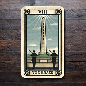 May include: A tarot card illustration featuring a tall obelisk with stars, rays of light, and two guards. The card is labeled "VIII" at the top and "THE BRASS" at the bottom, with a decorative border. The color palette includes beige, blue, and black.