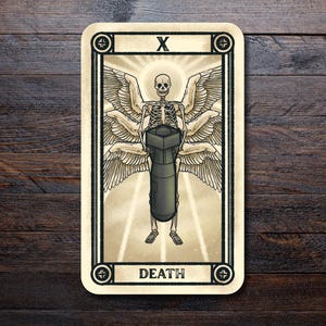 May include: A tarot card illustration featuring a skeletal figure with multiple wings, holding a bomb. The card is labeled "X" at the top and "DEATH" at the bottom, with a cream-colored border and a wooden background.