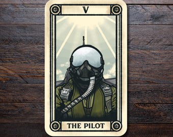 Pegatina de la carta del Tarot "El Piloto" / Divertida sobre militares, aviones, aviación y tripulación de vuelo