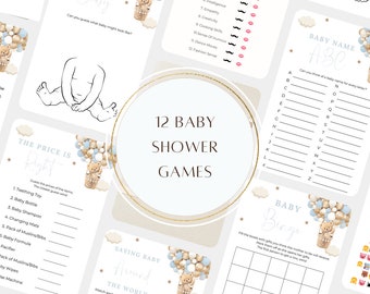 Peut inclure: Ensemble de 12 jeux pour une baby shower, avec un thème d'ours en peluche et de ballons. Les jeux incluent des questions vrai ou faux, un jeu de noms de bébé, et un bingo. Les cartes sont blanches avec des accents dorés et bleus.