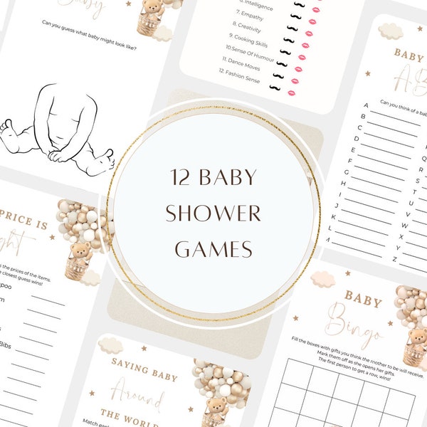 Editable Teddy Bear Baby Shower Game Package, Party Pack 12 Printable Hot Air Balloon Baby Shower Games, Bear Games Bundle Answers Included