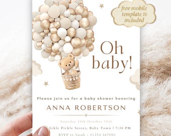 Editable Aesthetic Teddy Bear Balloon Baby Shower Invitation, Gender Neutral (Digital Download)