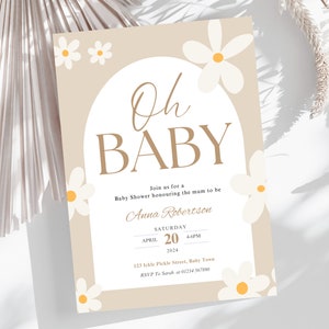 Bearbeitbare Blumen Gänseblümchen-Babyparty-Einladung, Oh Baby-Dusche-Einladung, Boho Gänseblümchen Blumen Baby in Bloom Einladung, digitaler Download