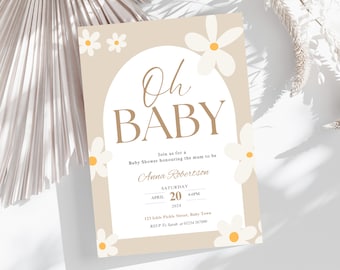 Bearbeitbare Blumen Gänseblümchen-Babyparty-Einladung, Oh Baby-Dusche-Einladung, Boho Gänseblümchen Blumen Baby in Bloom Einladung, digitaler Download