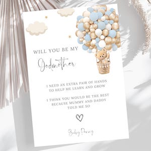 Plantilla de propuesta de matrimonio para madrina, tarjeta imprimible de propuesta de padrino azul, propuesta de bautismo moderna editable, descarga instantánea